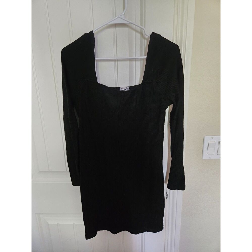 J for Justify Women’s XL Black Ribbed Bodycon Mini Dress Square Neck Long Sleeve